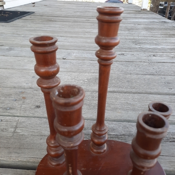 Vintage MCM mid-century modern dark wooden candlestick 5 graduated candelabra - Picture 7 of 9